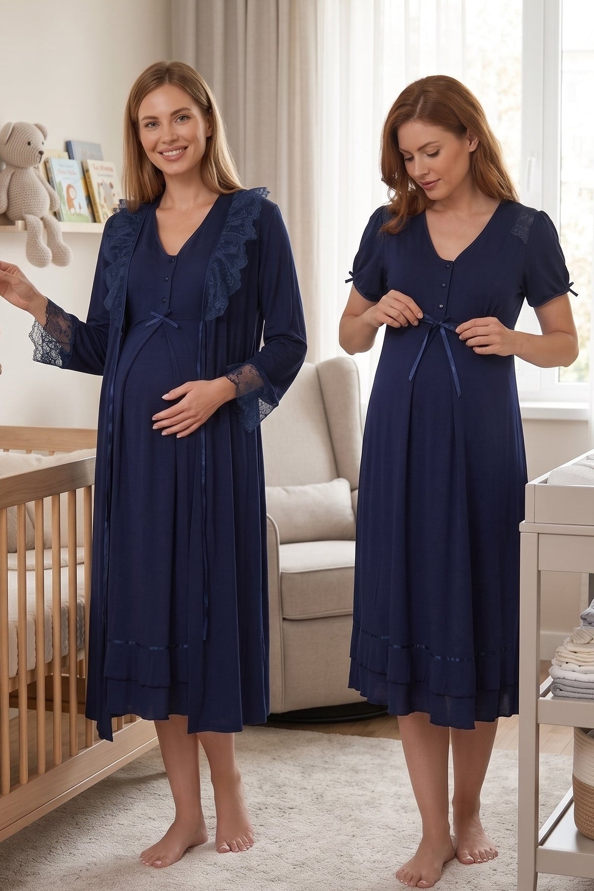 Pleated Embroidery Maternity-Nursing Nightgown & Lacy Robe Set Navy Blue - 8025
