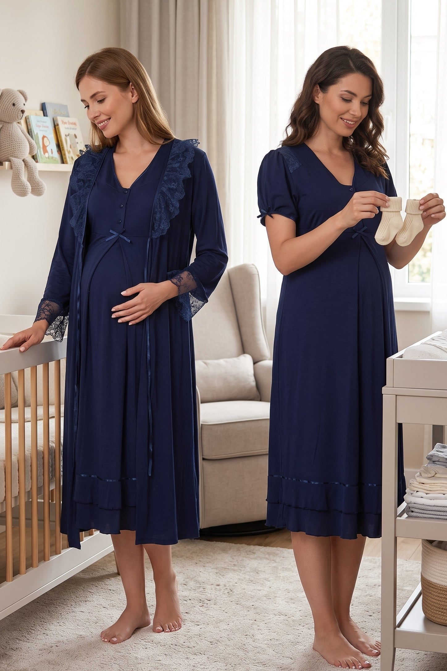 Pleated Embroidery Maternity-Nursing Nightgown & Lacy Robe Set Navy Blue - 8025