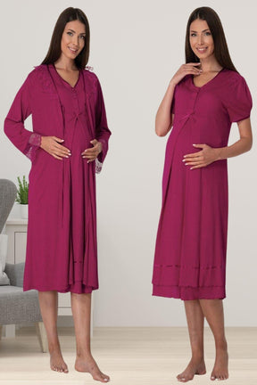 Pleated Embroidery Lacy 4-Piece Maternity-Nursing Set Cherry - 8026