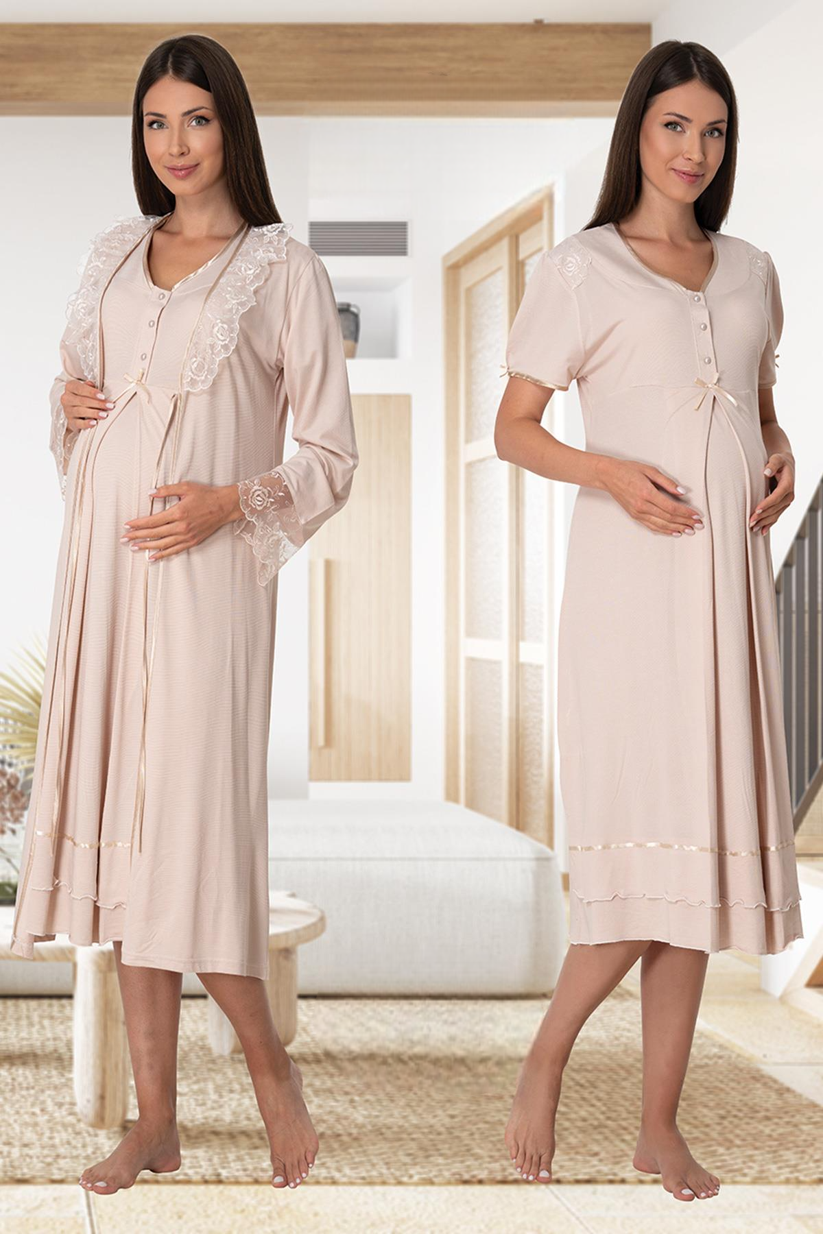 Pleated Embroidery Lacy 4-Piece Maternity-Nursing Set Mink - 8026