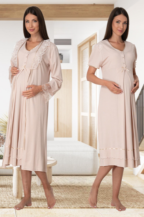 Pleated Embroidery Lacy 4-Piece Maternity-Nursing Set Mink - 8026