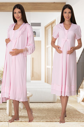 Pleated Embroidery Lacy 4-Piece Maternity-Nursing Set Pink - 8026