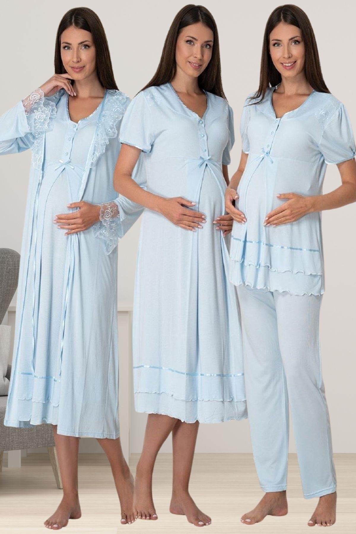 Pleated Embroidery Lacy 4-Piece Maternity-Nursing Set Blue - 8026