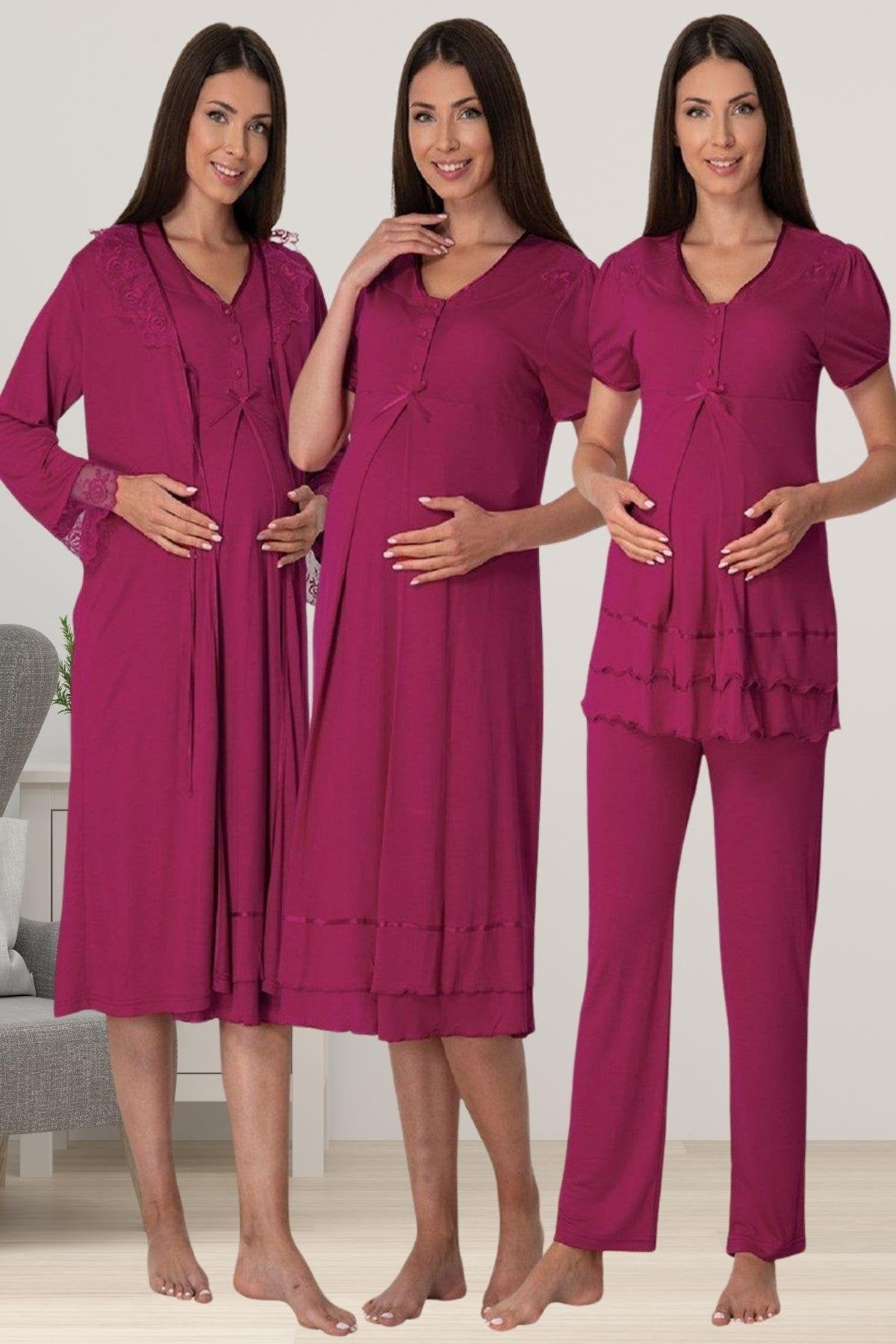 Pleated Embroidery Lacy 4-Piece Maternity-Nursing Set Cherry - 8026