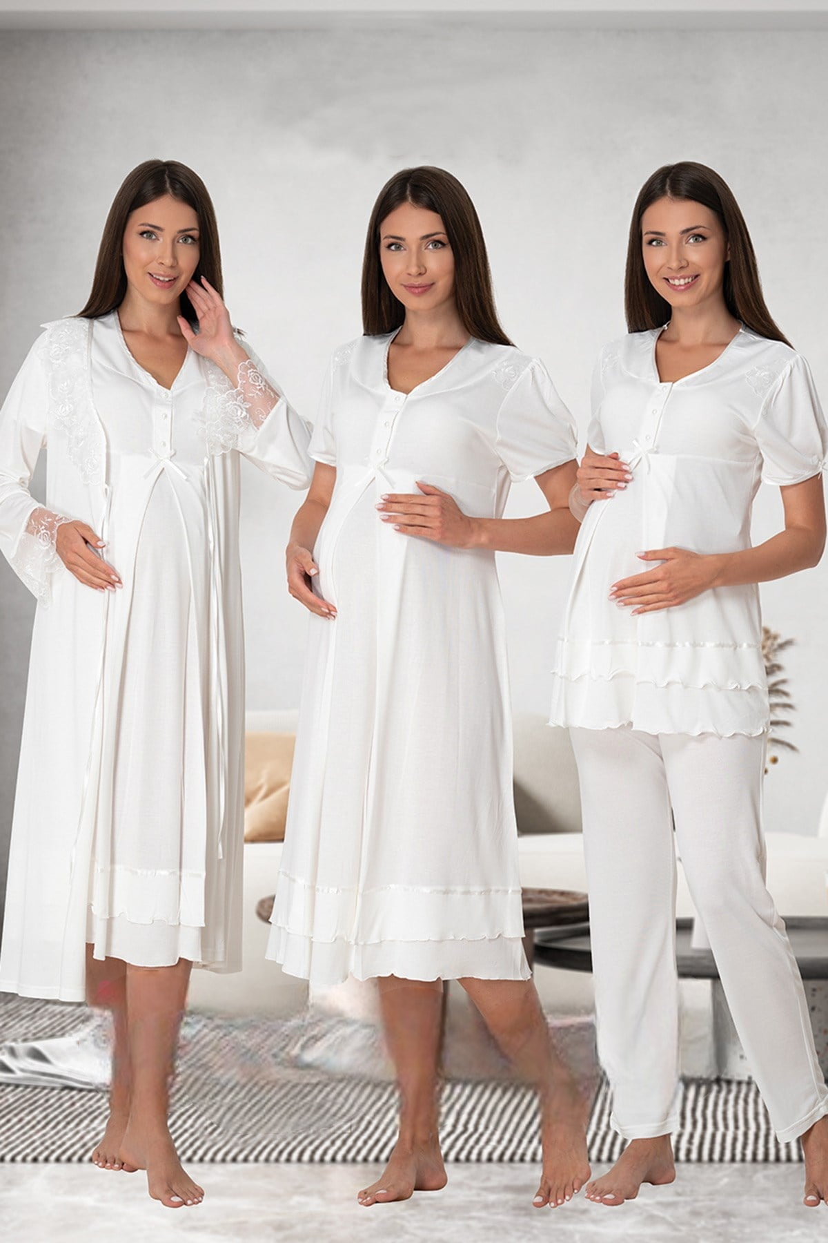 Pleated Embroidery Lacy 4-Piece Maternity-Nursing Set Ecru - 8026