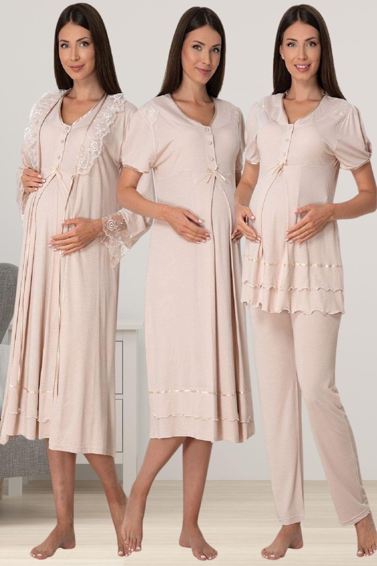 Pleated Embroidery Lacy 4-Piece Maternity-Nursing Set Mink - 8026