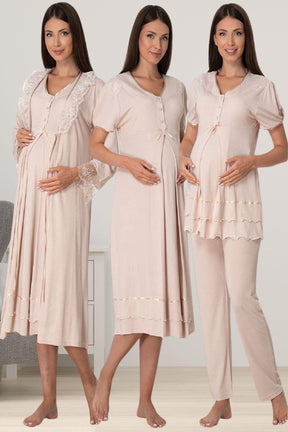 Pleated Embroidery Lacy 4-Piece Maternity-Nursing Set Mink - 8026