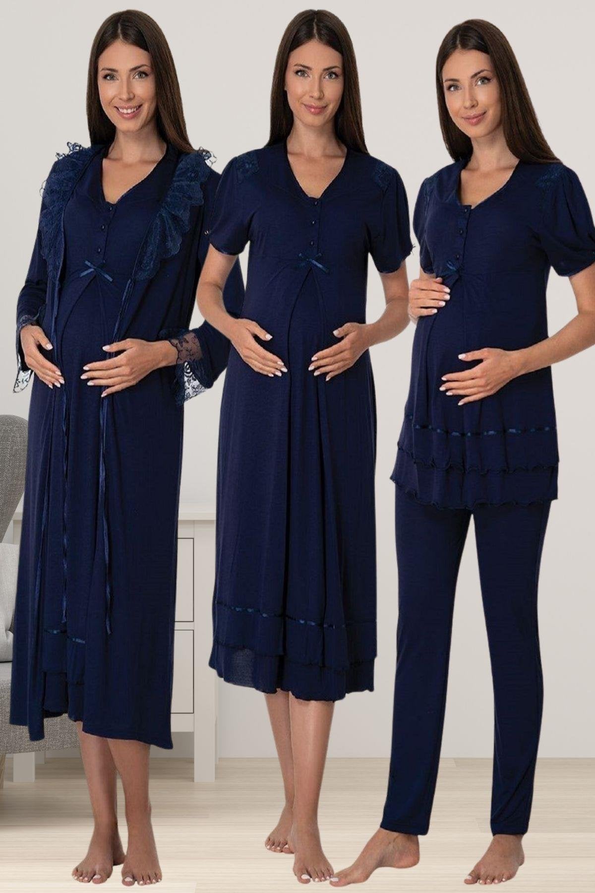 Pleated Embroidery Lacy 4-Piece Maternity-Nursing Set Navy Blue - 8026
