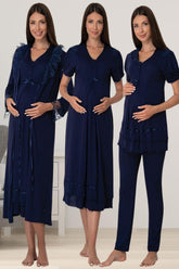Pleated Embroidery Lacy 4-Piece Maternity-Nursing Set Navy Blue - 8026