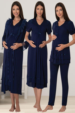 Pleated Embroidery Lacy 4-Piece Maternity-Nursing Set Navy Blue - 8026