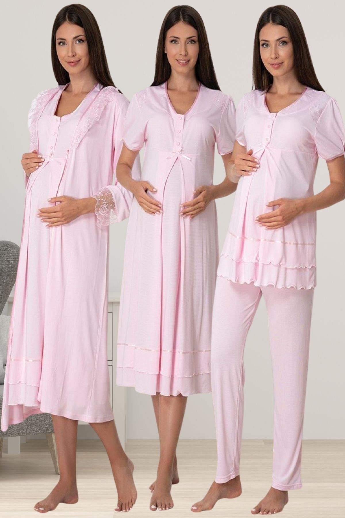 Pleated Embroidery Lacy 4-Piece Maternity-Nursing Set Pink - 8026