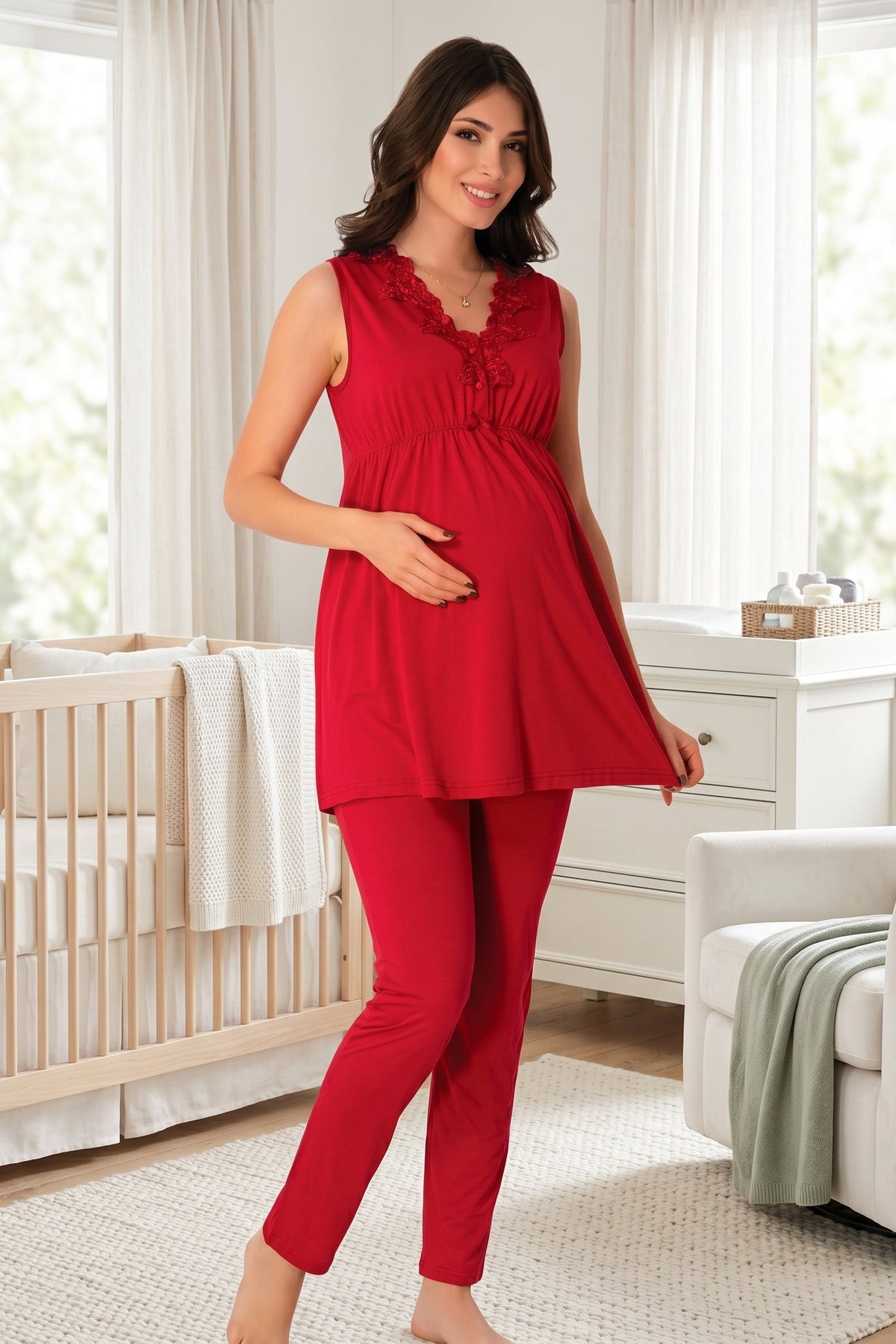 Elegant Lace Collar Maternity & Nursing Pajama Set Cherry - 8032