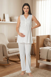 Elegant Lace Collar Maternity & Nursing Pajama Set Ecru - 8032