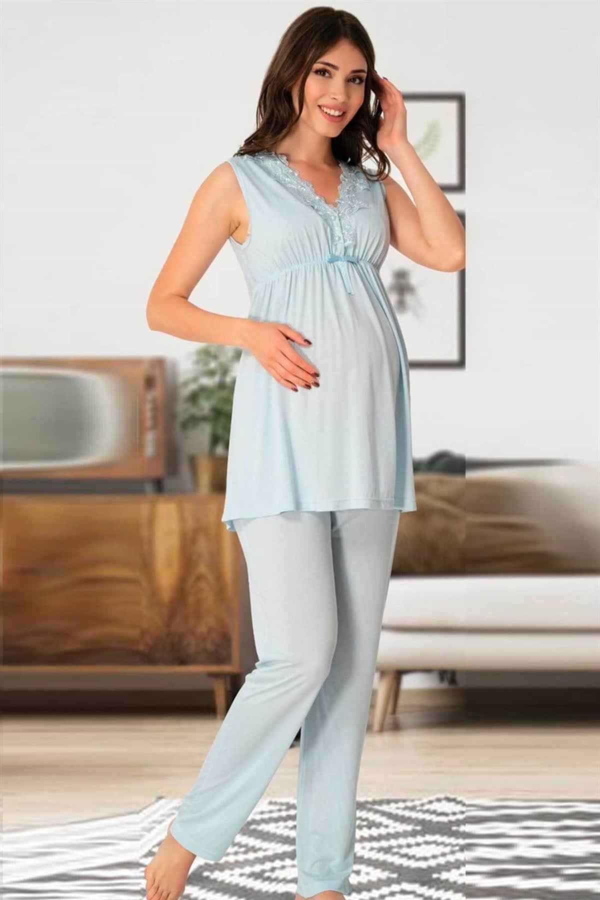 Elegant Lace Collar 3-Piece Maternity-Nursing Pajama & Patterned Robe Set Blue - 8034
