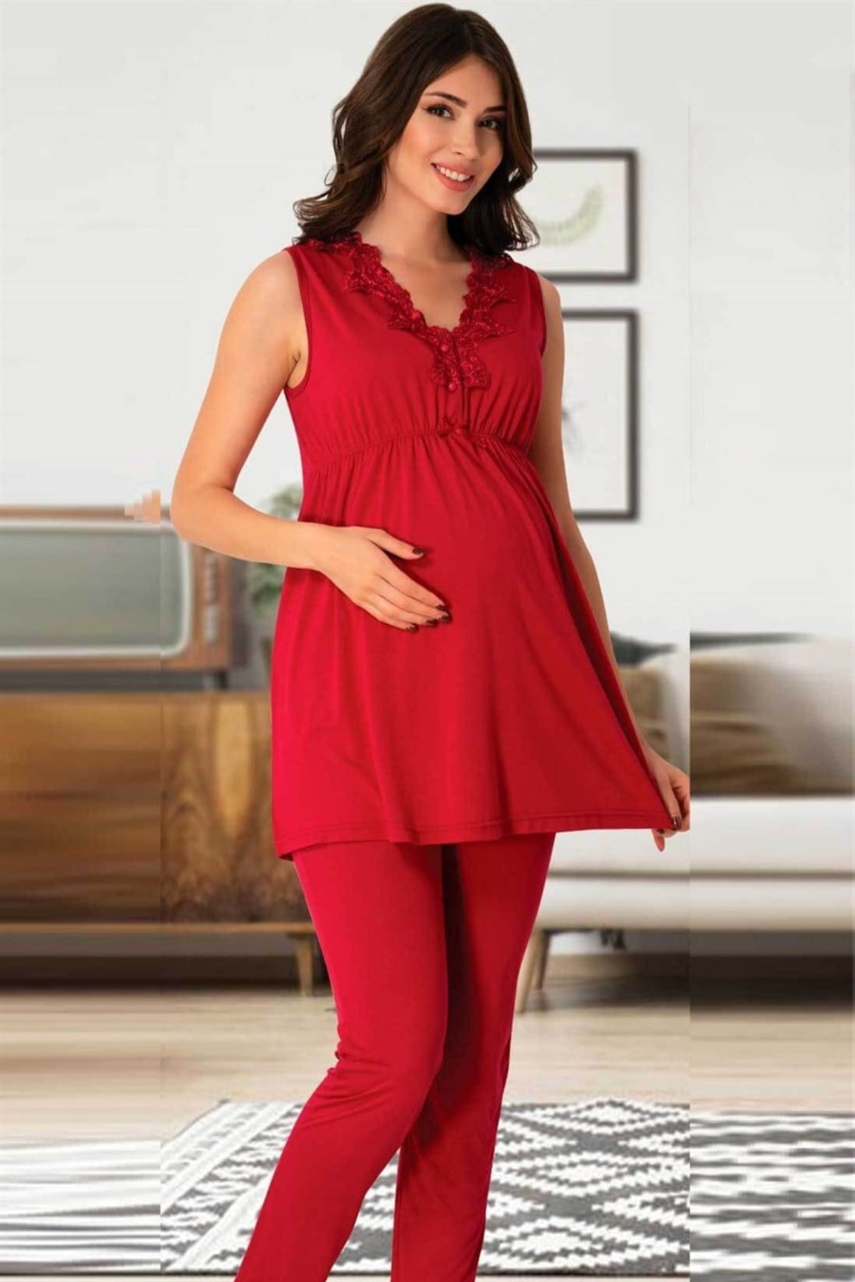 Elegant Lace Collar 3-Piece Maternity-Nursing Pajama & Patterned Robe Set Cherry - 8034