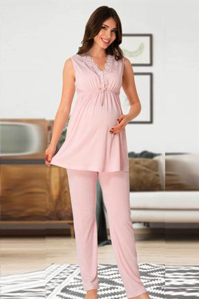 Elegant Lace Collar 3-Piece Maternity-Nursing Pajama & Patterned Robe Set Pink - 8034