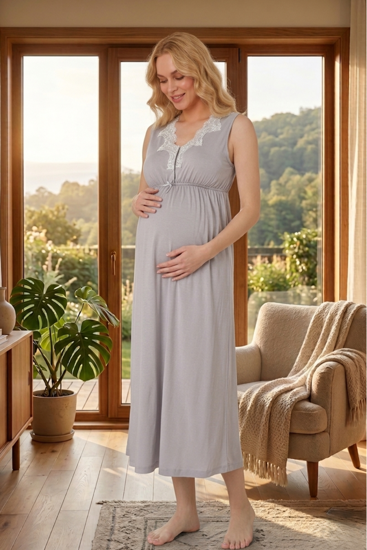 Elegant Lace Collar Maternity & Nursing Nightgown Grey - 8033
