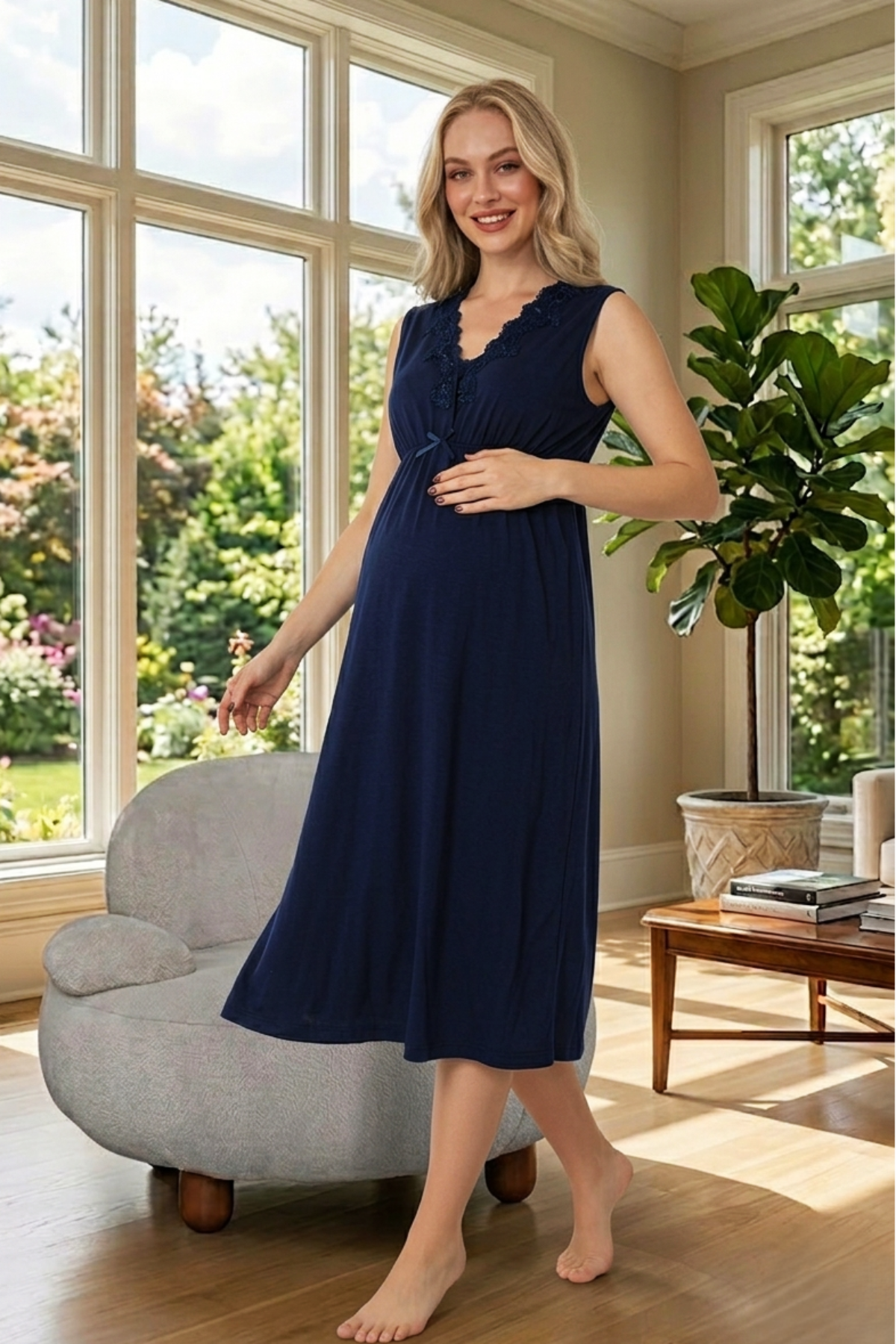 Elegant Lace Collar Maternity & Nursing Nightgown Navy Blue - 8033
