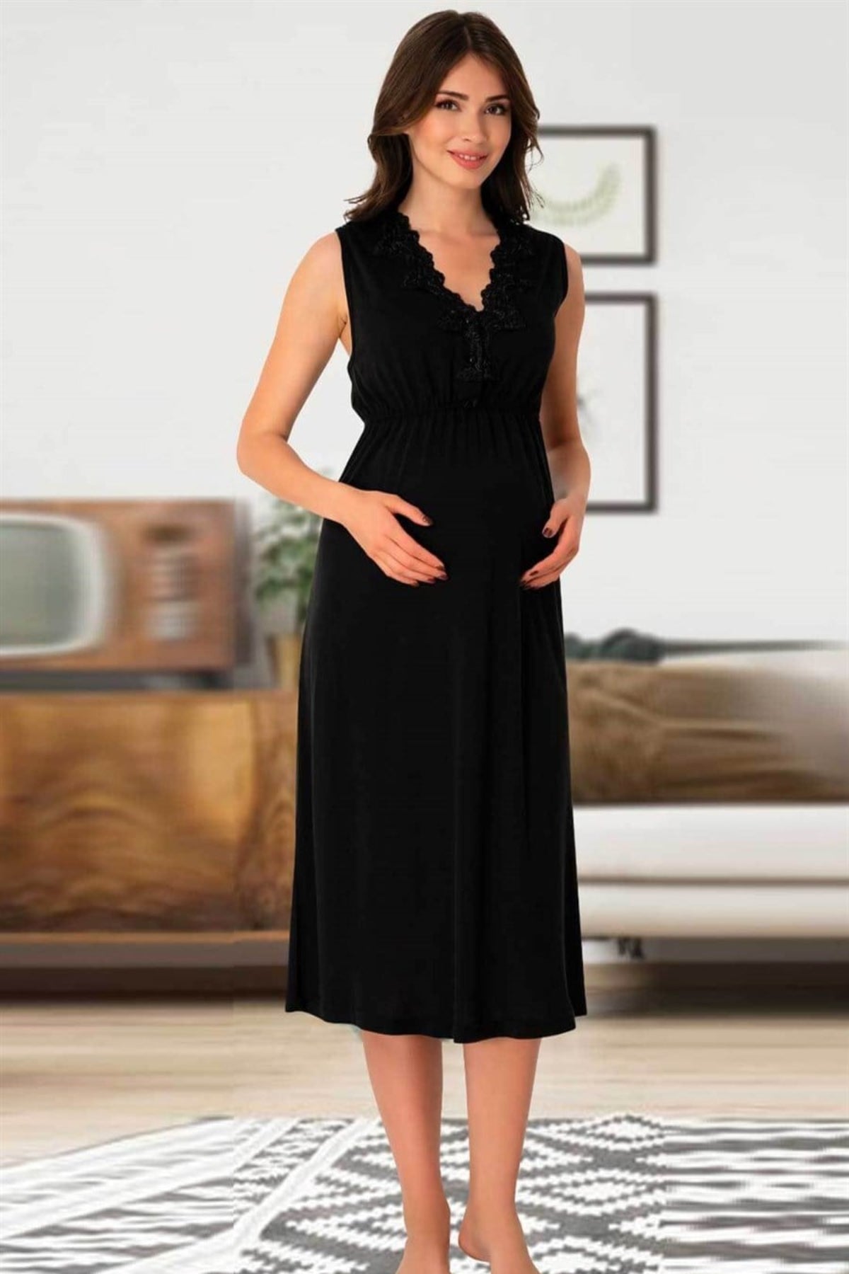 Elegant Lace Collar Maternity-Nursing Nightgown & Patterned Robe Set Black - 8035