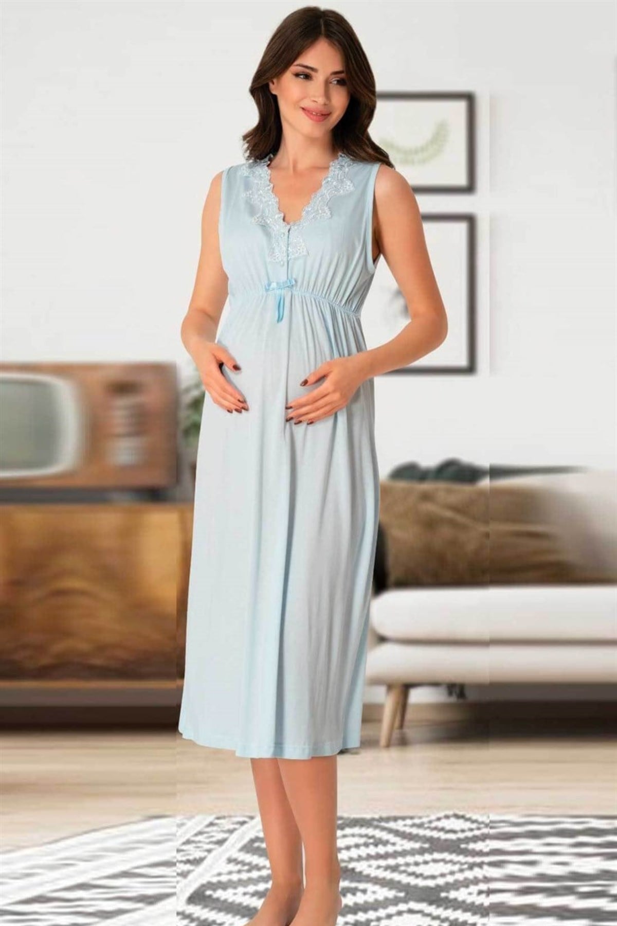 Elegant Lace Collar Maternity-Nursing Nightgown & Patterned Robe Set Blue - 8035