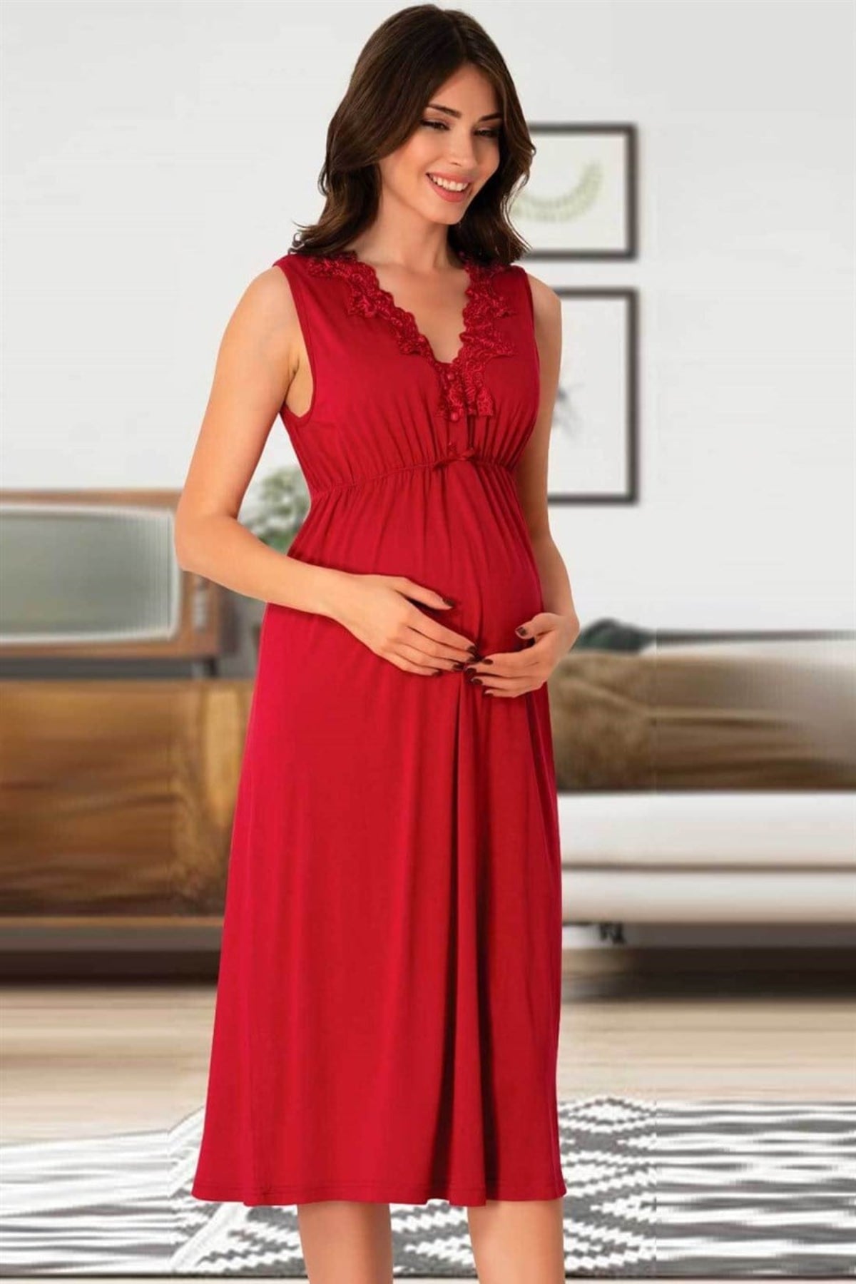 Elegant Lace Collar Maternity-Nursing Nightgown & Patterned Robe Set Cherry - 8035