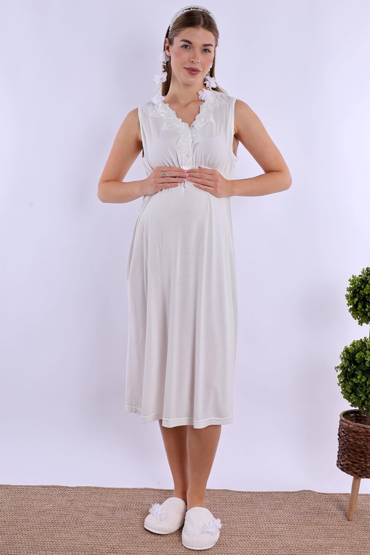 Elegant Lace Collar Maternity & Nursing Nightgown Ecru - 8033