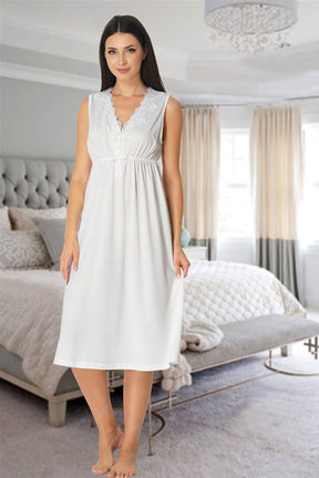 Elegant Lace Collar Maternity-Nursing Nightgown & Patterned Robe Set Ecru - 8035