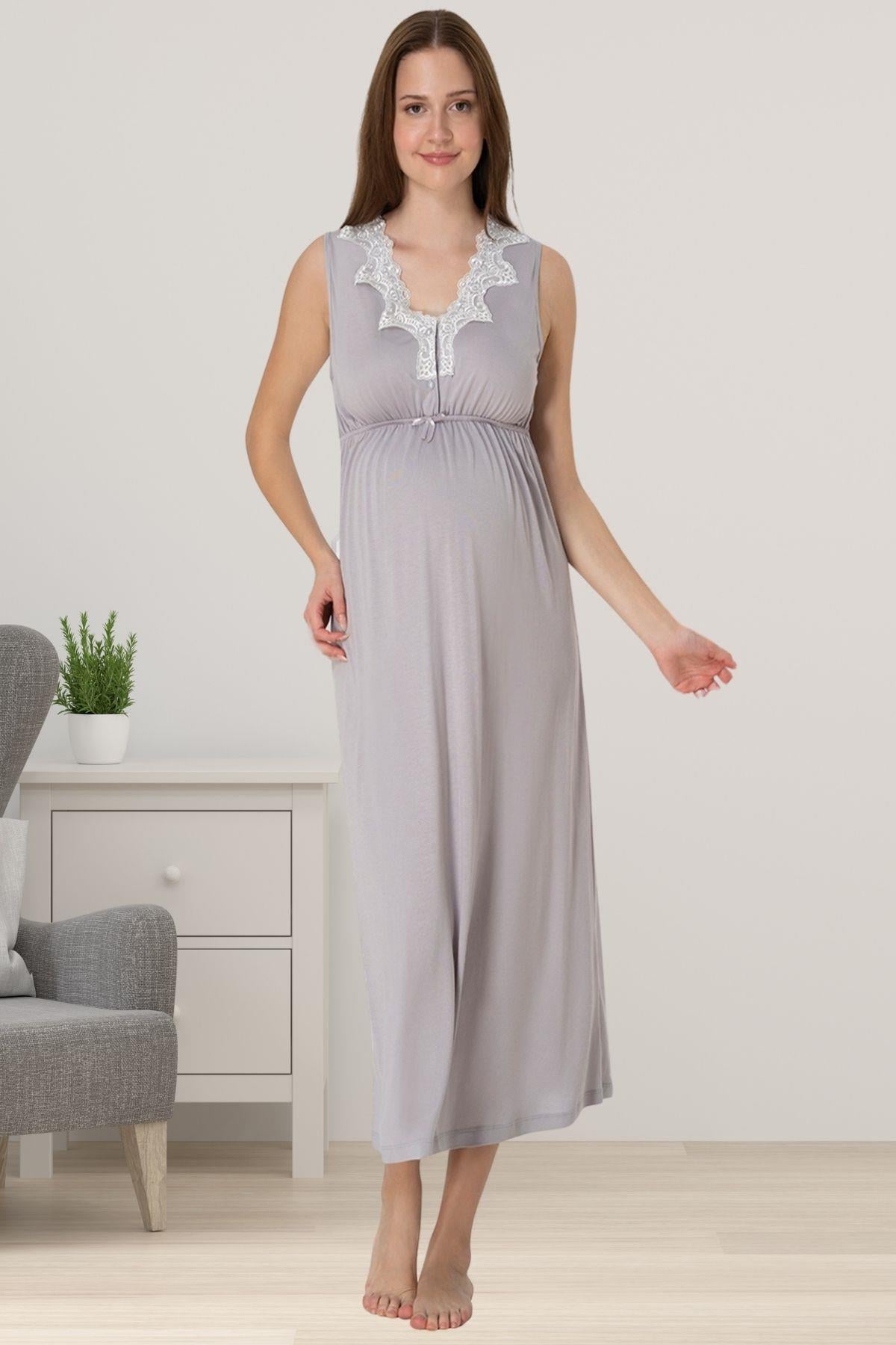 Elegant Lace Collar Maternity-Nursing Nightgown & Patterned Robe Set Grey - 8035