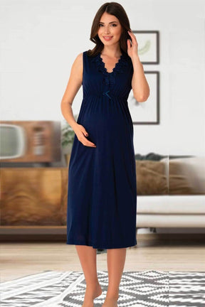 Elegant Lace Collar Maternity-Nursing Nightgown & Patterned Robe Set Navy Blue - 8035