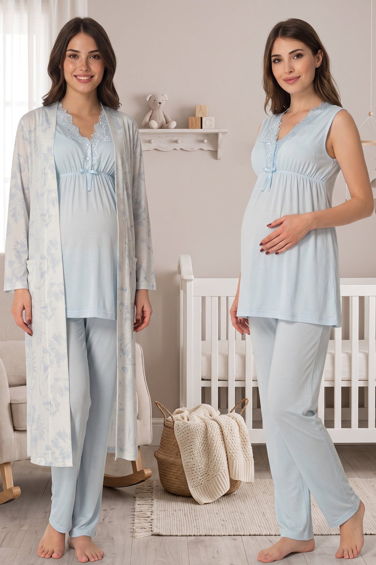 Elegant Lace Collar 3-Piece Maternity-Nursing Pajama & Patterned Robe Set Blue - 8034