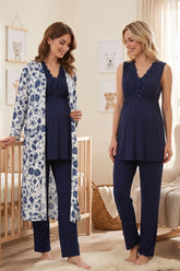 Elegant Lace Collar 3-Piece Maternity-Nursing Pajama & Patterned Robe Set Navy Blue - 8034