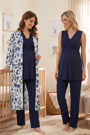 Elegant Lace Collar 3-Piece Maternity-Nursing Pajama & Patterned Robe Set Navy Blue - 8034