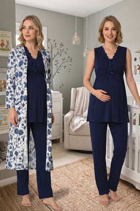 Elegant Lace Collar 3-Piece Maternity-Nursing Pajama & Patterned Robe Set Navy Blue - 8034