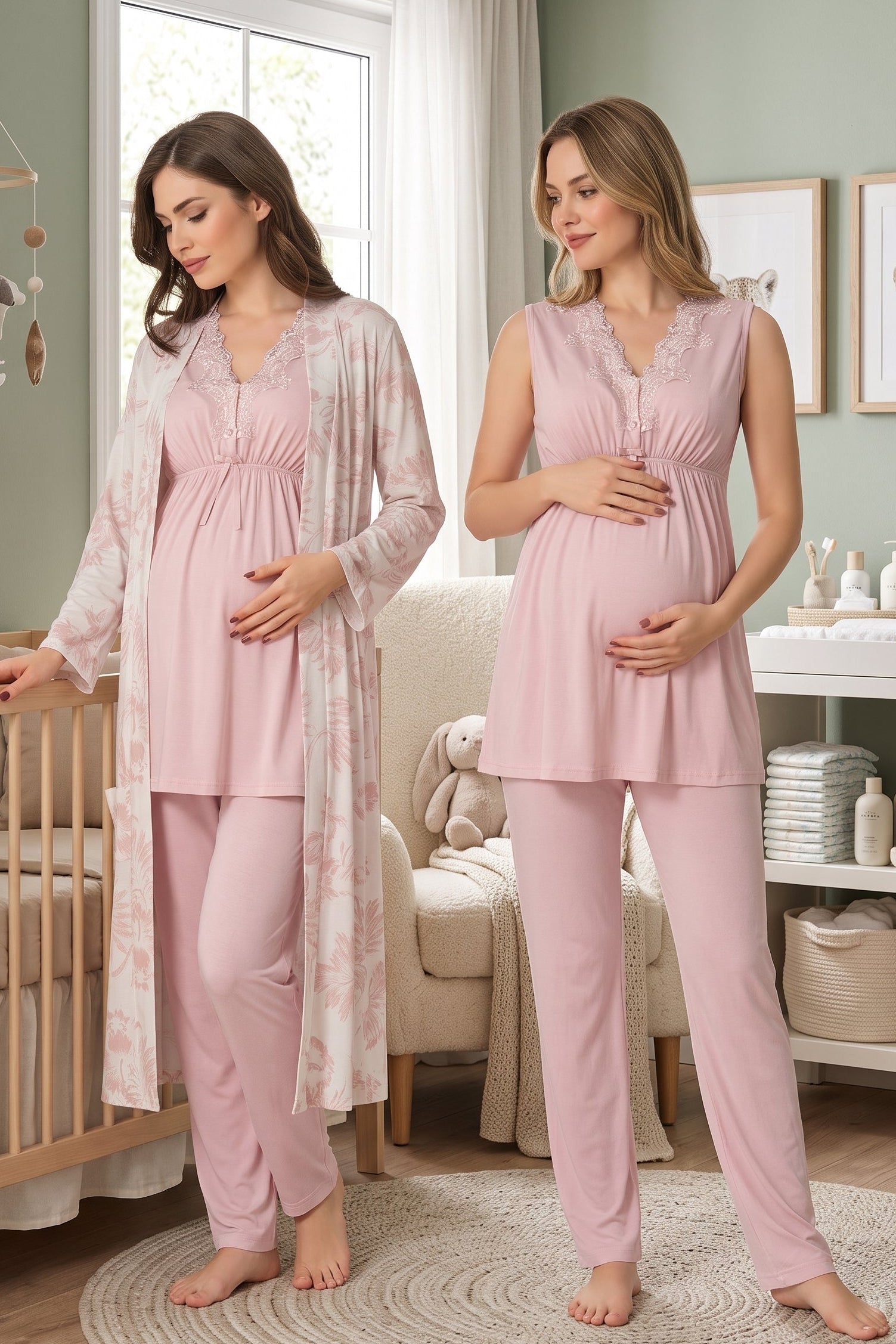 Elegant Lace Collar 3-Piece Maternity-Nursing Pajama & Patterned Robe Set Pink - 8034