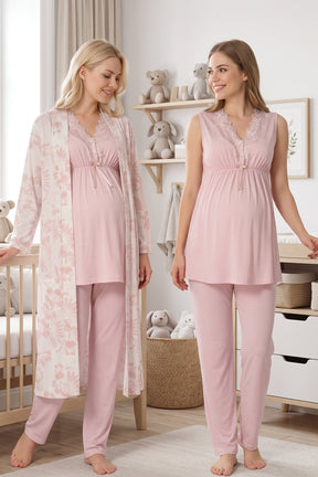 Elegant Lace Collar 3-Piece Maternity-Nursing Pajama & Patterned Robe Set Pink - 8034