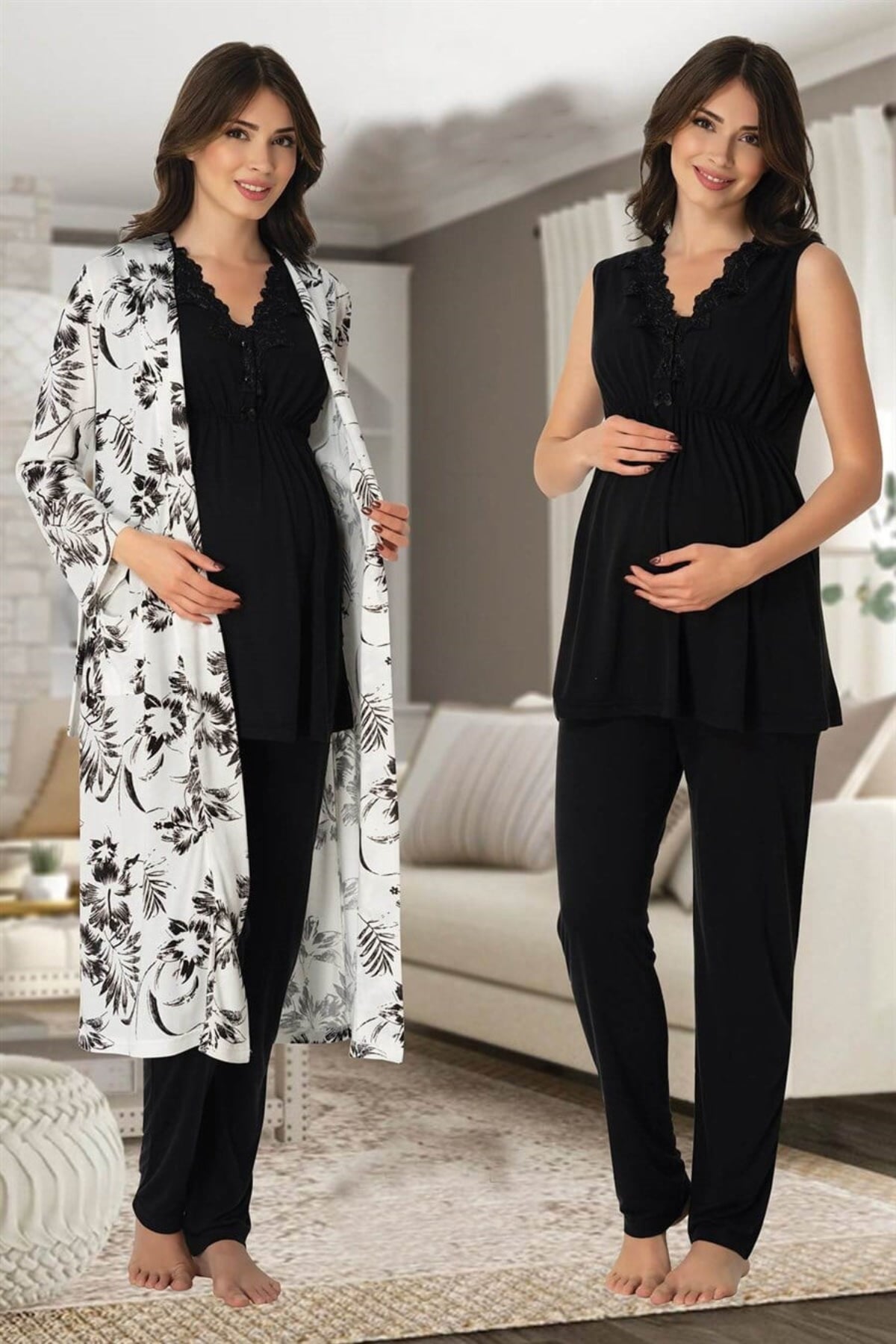Elegant Lace Collar 3-Piece Maternity-Nursing Pajama & Patterned Robe Set Black - 8034