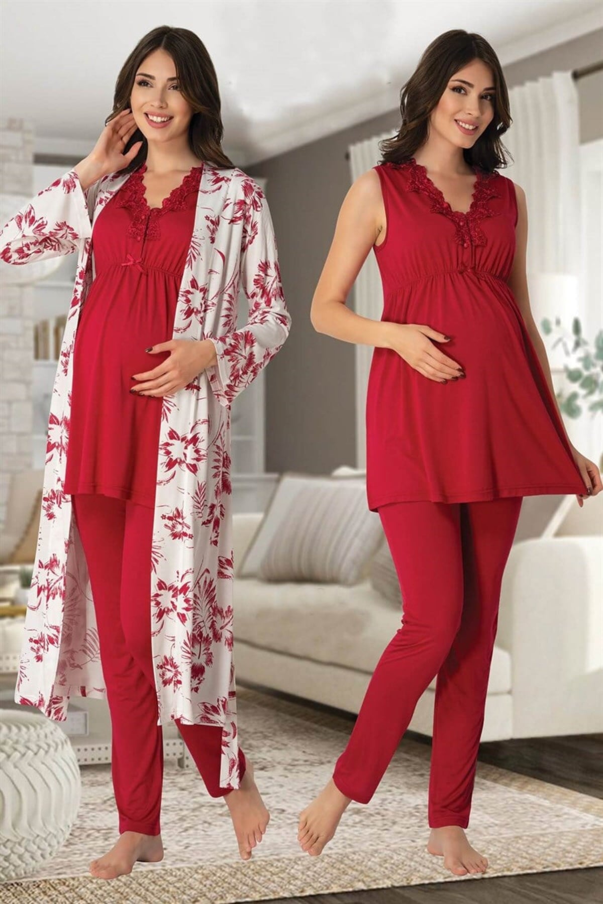 Elegant Lace Collar 3-Piece Maternity-Nursing Pajama & Patterned Robe Set Cherry - 8034