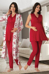 Elegant Lace Collar 3-Piece Maternity-Nursing Pajama & Patterned Robe Set Cherry - 8034