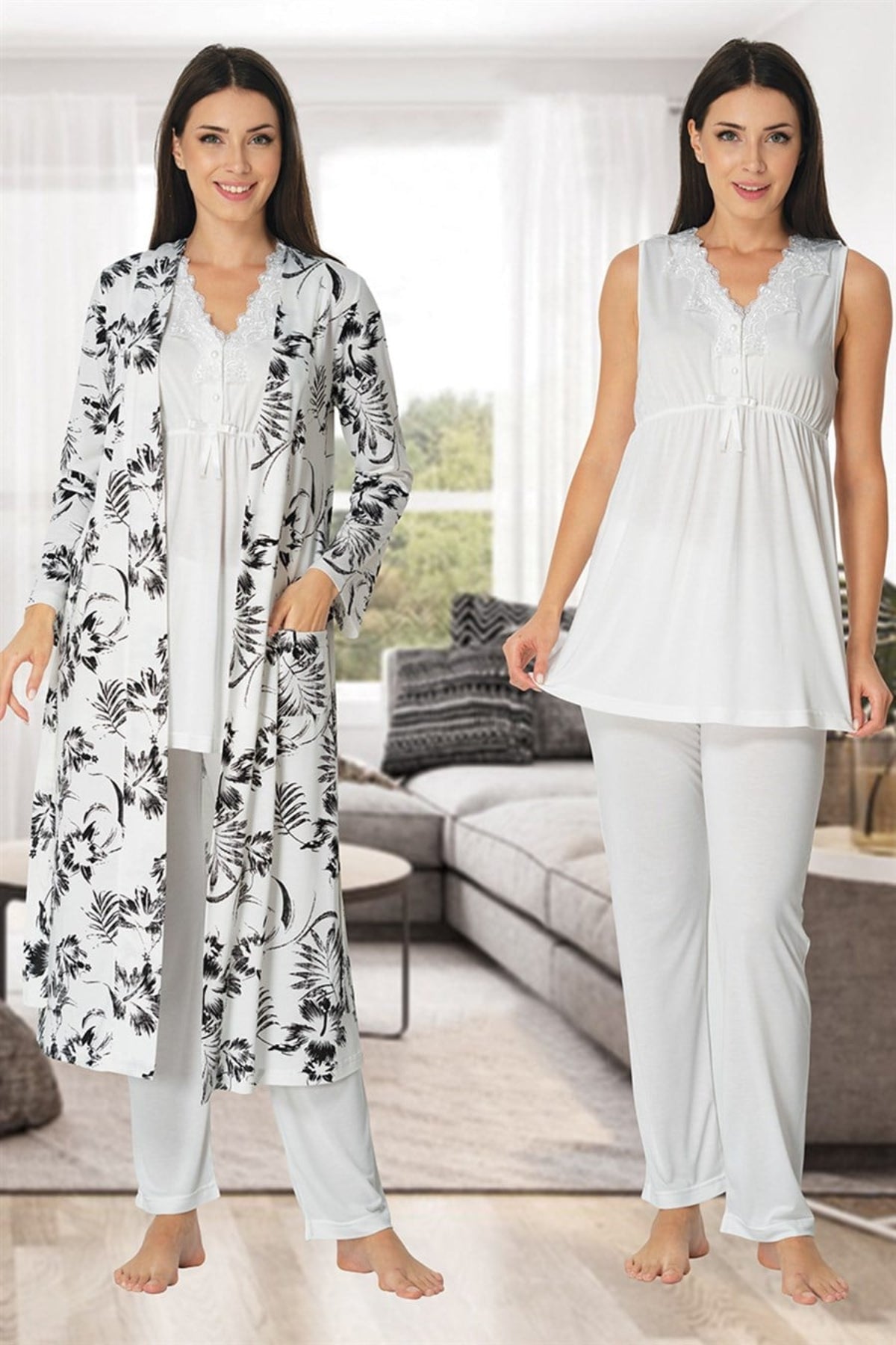 Elegant Lace Collar 3-Piece Maternity-Nursing Pajama & Patterned Robe Set Ecru - 8034