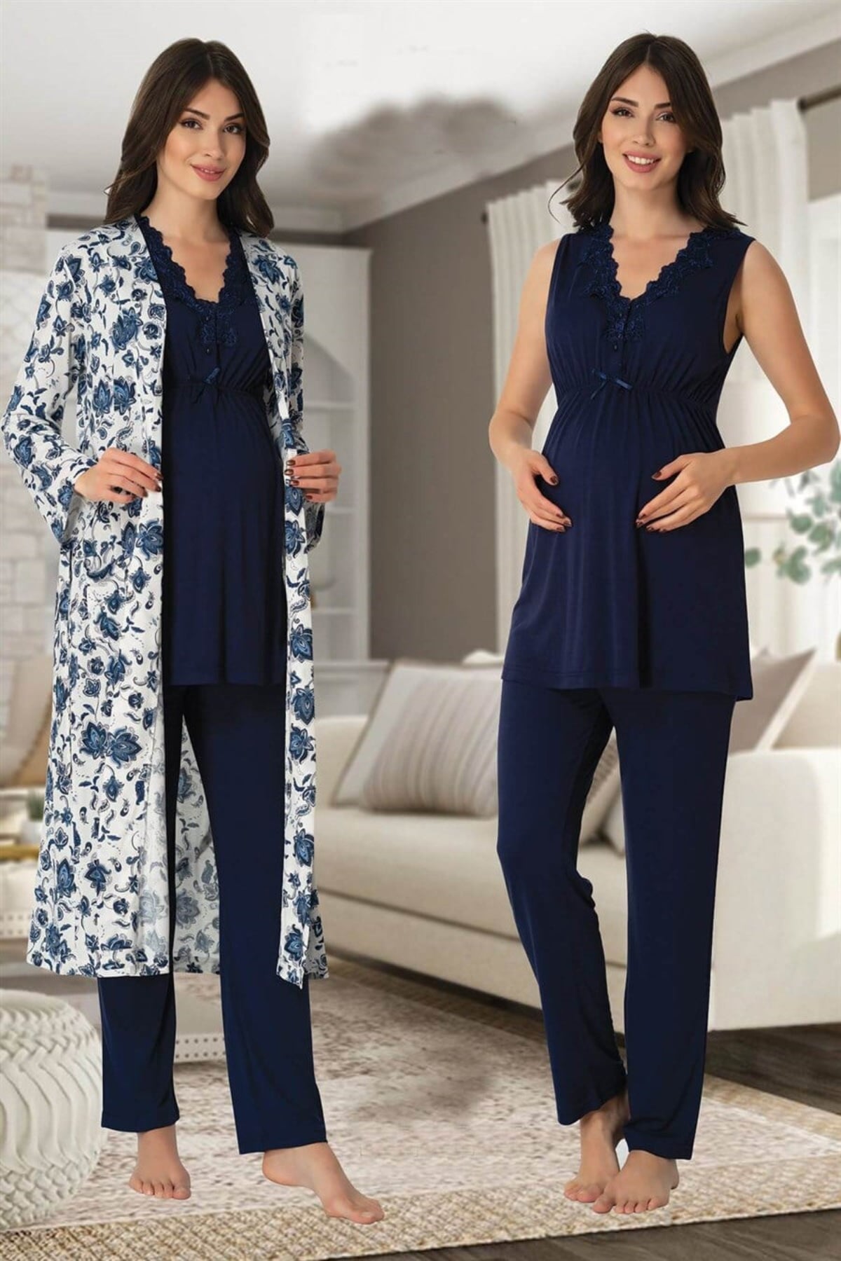 Elegant Lace Collar 3-Piece Maternity-Nursing Pajama & Patterned Robe Set Navy Blue - 8034