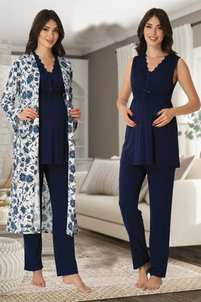Elegant Lace Collar 3-Piece Maternity-Nursing Pajama & Patterned Robe Set Navy Blue - 8034