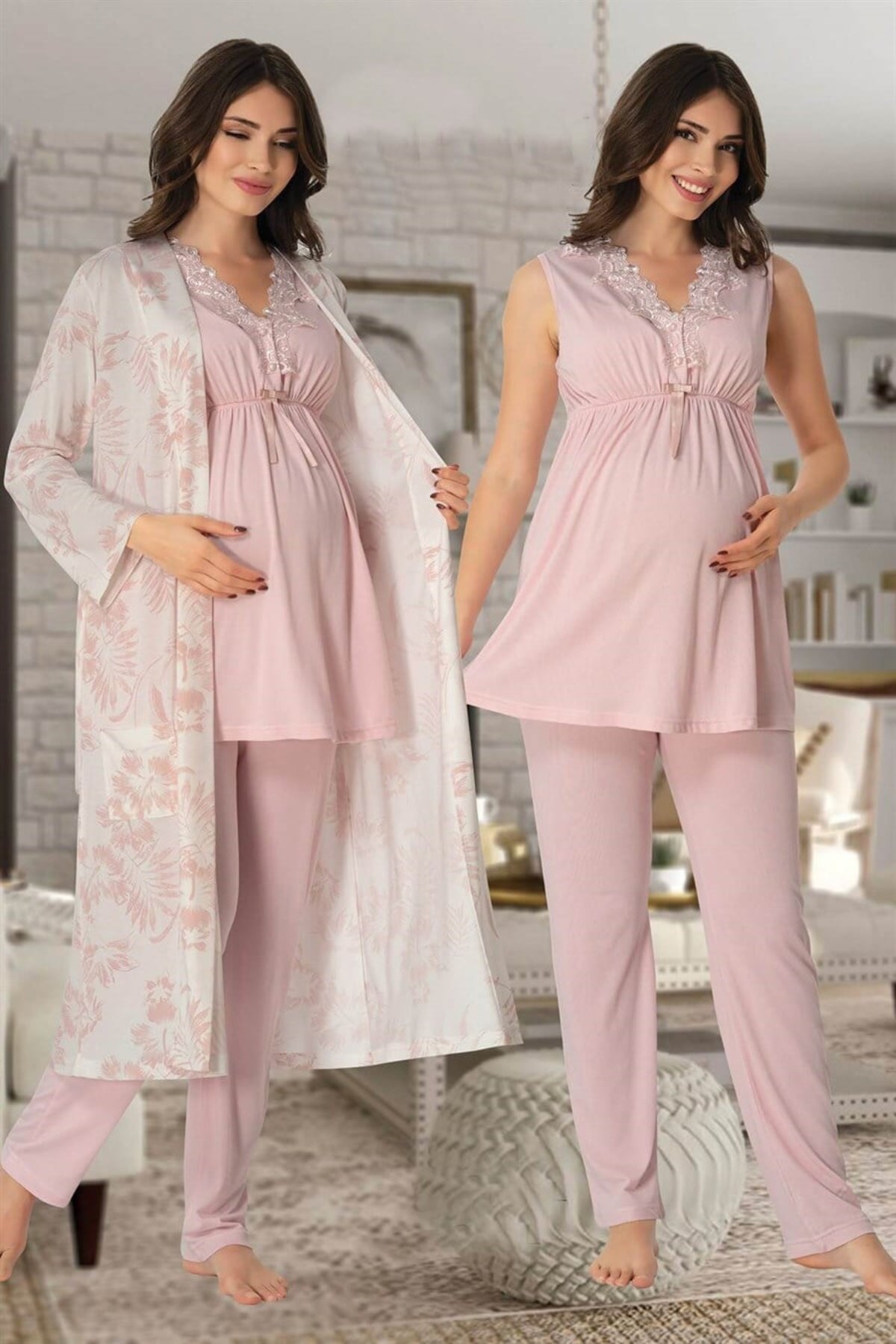 Elegant Lace Collar 3-Piece Maternity-Nursing Pajama & Patterned Robe Set Pink - 8034