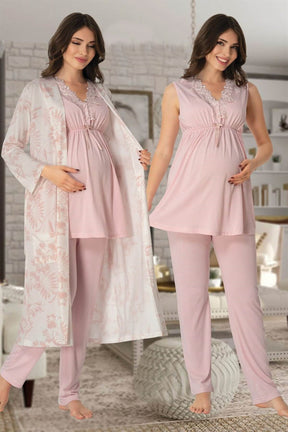 Elegant Lace Collar 3-Piece Maternity-Nursing Pajama & Patterned Robe Set Pink - 8034