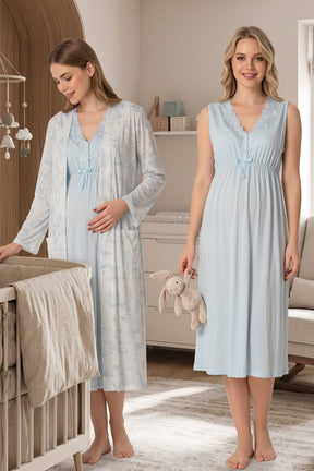 Elegant Lace Collar Maternity-Nursing Nightgown & Patterned Robe Set Blue - 8035
