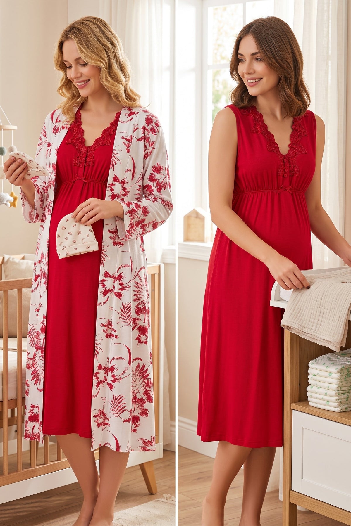 Elegant Lace Collar Maternity-Nursing Nightgown & Patterned Robe Set Cherry - 8035