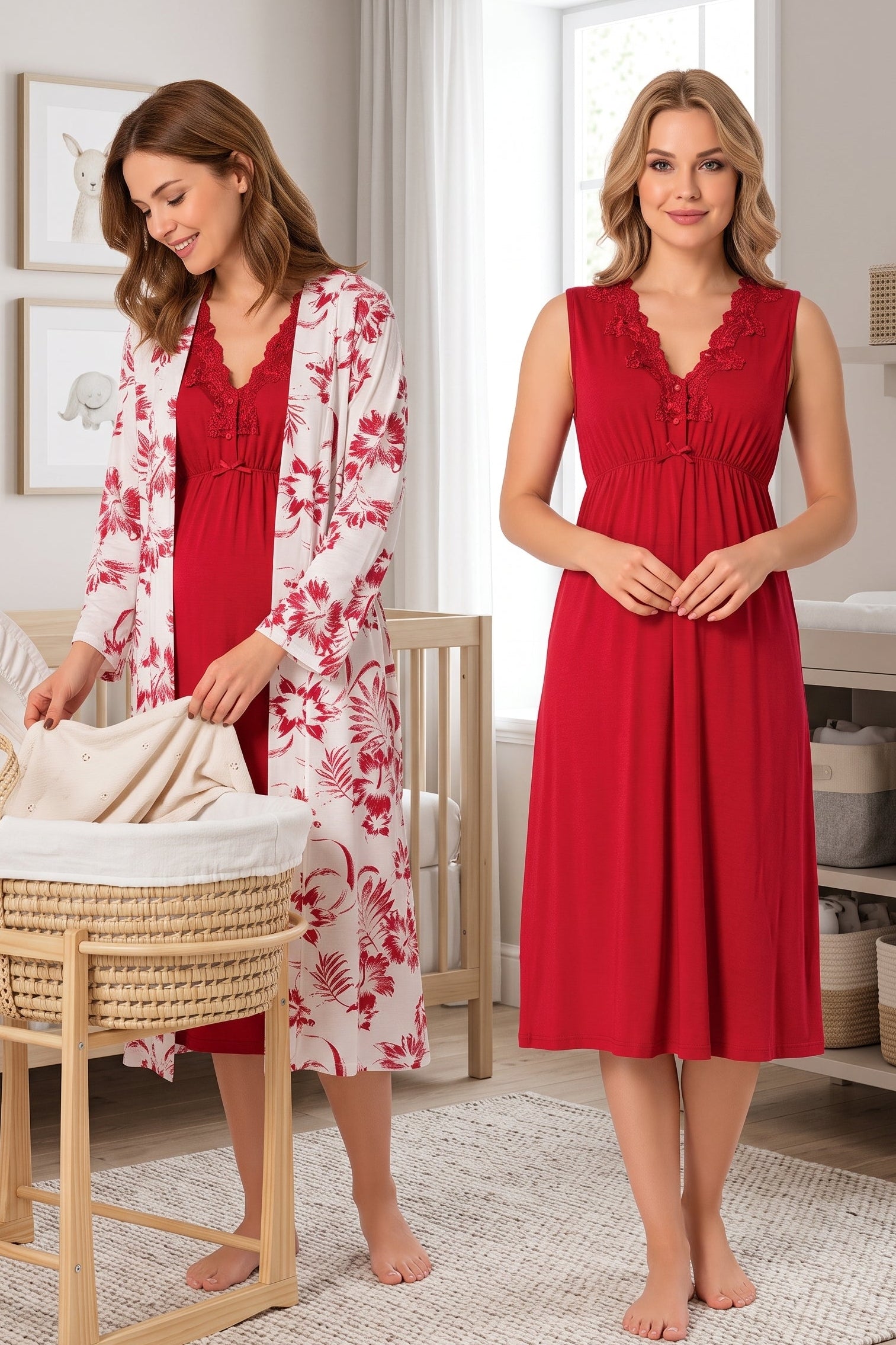 Elegant Lace Collar Maternity-Nursing Nightgown & Patterned Robe Set Cherry - 8035