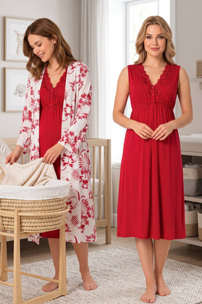 Elegant Lace Collar Maternity-Nursing Nightgown & Patterned Robe Set Cherry - 8035