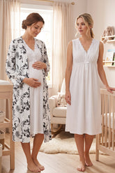 Elegant Lace Collar Maternity-Nursing Nightgown & Patterned Robe Set Ecru - 8035