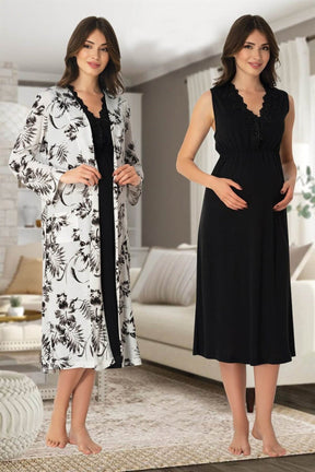 Elegant Lace Collar Maternity-Nursing Nightgown & Patterned Robe Set Black - 8035