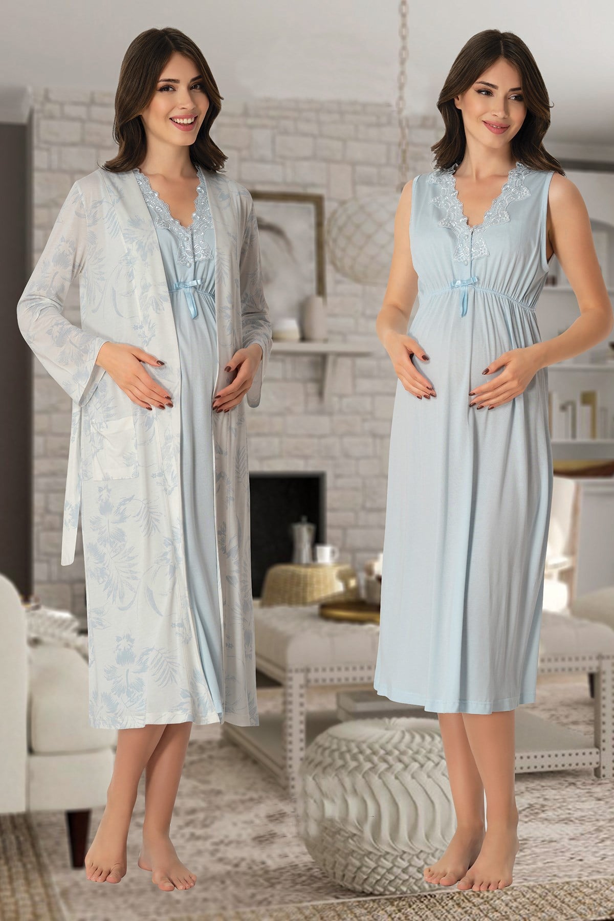 Elegant Lace Collar Maternity-Nursing Nightgown & Patterned Robe Set Blue - 8035